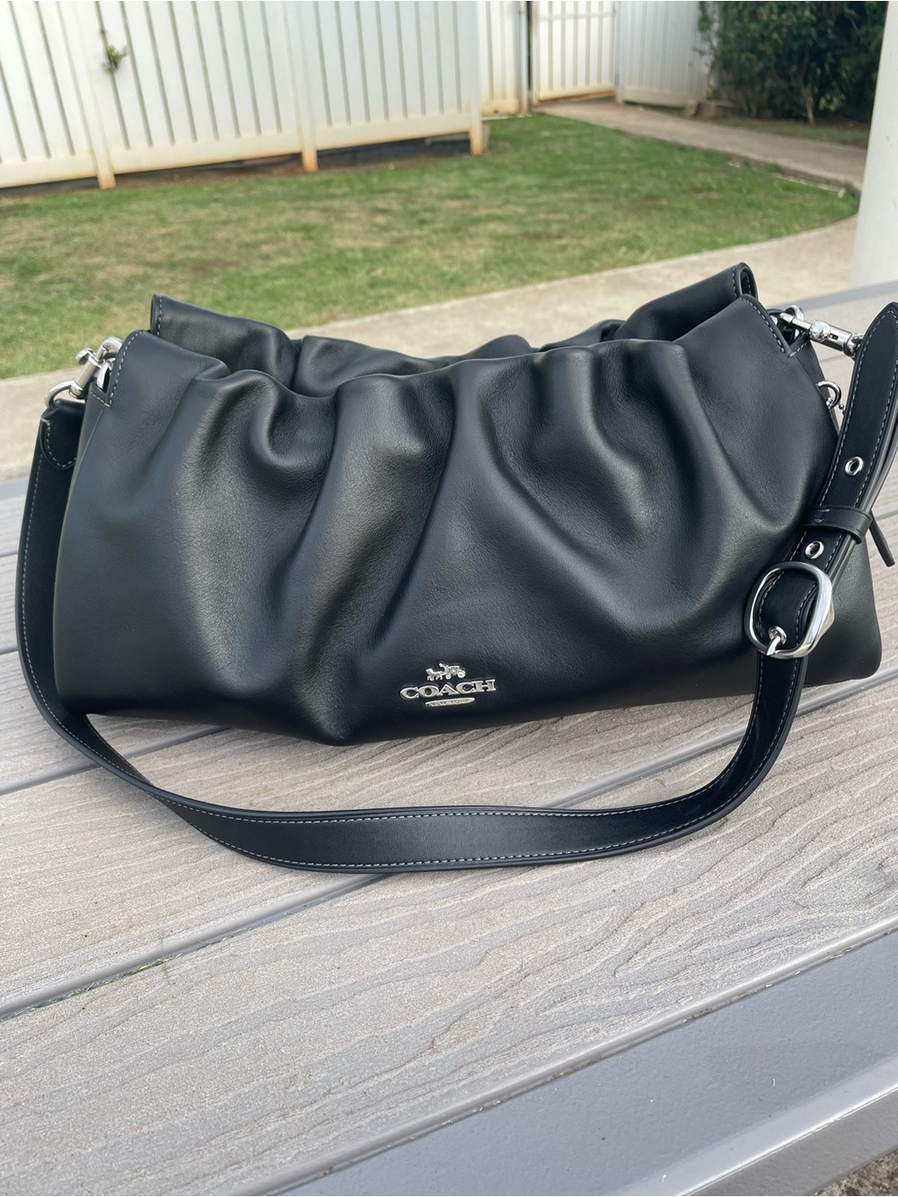 Coach Large Faye Black Leather Ruched Shoulder Bag with Silver Hardware